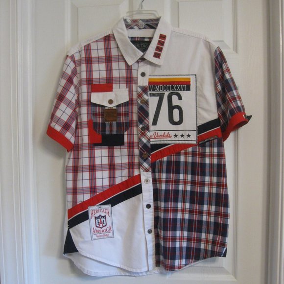 Denim Distillery Mens Short Sleeve Patchwork Plaid Shirt sz L Red White Blue - Picture 1 of 11